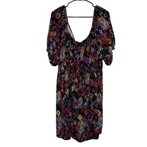 Terra & Sky Womens 1X Plus Size Ikat Diamond Print Open Tie Back Dress